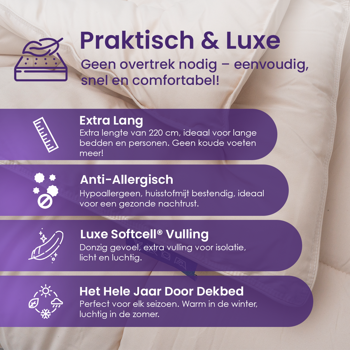 Slaapspeciaal Eazydekbed - Beige - Dekbed Zonder Overtrek, Extra Lang, Luxe Gelvezels, Anti-Allergisch & Perfect Voor Elk Seizoen