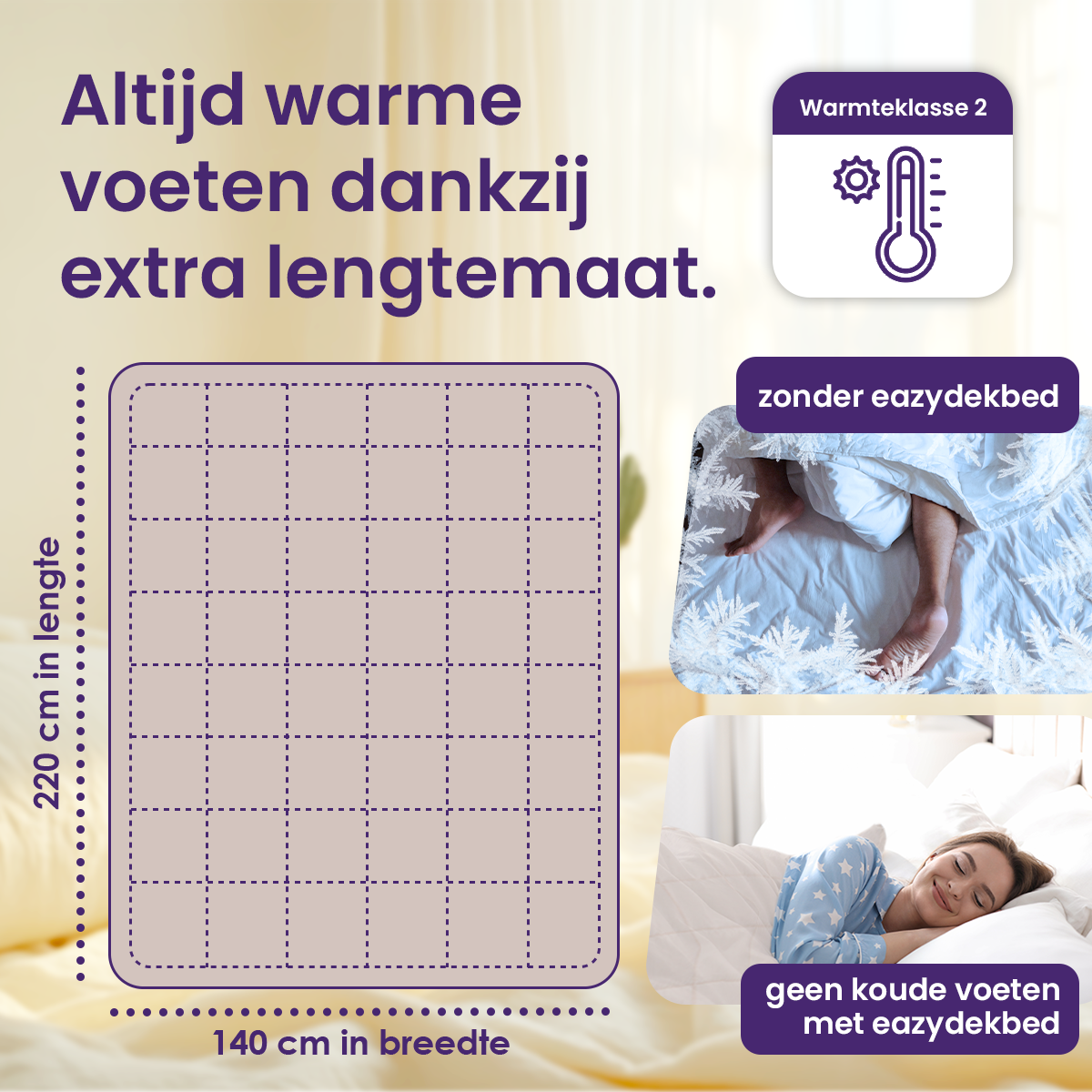 Slaapspeciaal Eazydekbed - Beige - Dekbed Zonder Overtrek, Extra Lang, Luxe Gelvezels, Anti-Allergisch & Perfect Voor Elk Seizoen